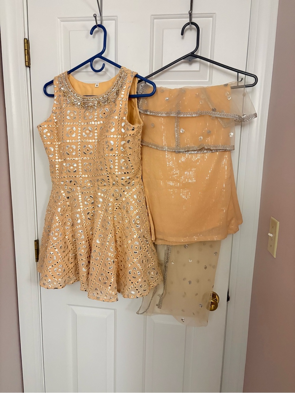 Embellished Peach Party Dress with Sheer Overlay